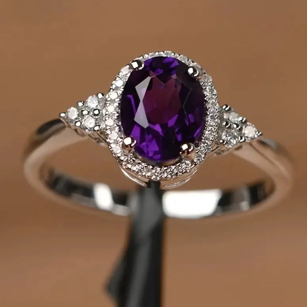 NWT Purple Oval Halo Ring with CZ Accents Silver Tone Simulated Amethyst Size 8